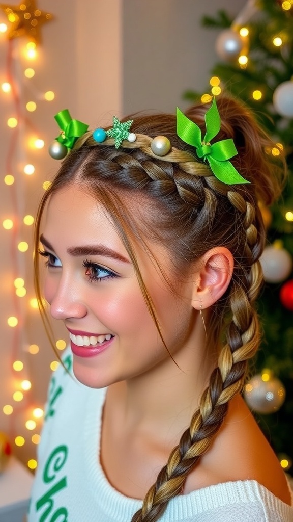 A stylish green Christmas hairstyle with a braided crown and festive accessories.